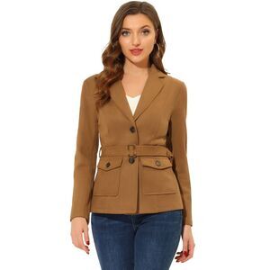 Faux Suede Blazer Belted Lapel Outwear Single Breasted Boho Jacket Brown